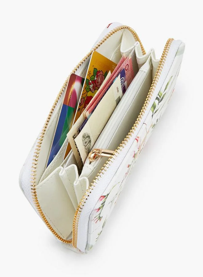 Flora Bella By Shoexpress WHITE Floral Print Wallet With Zip Closure for Women | Best Price UAE